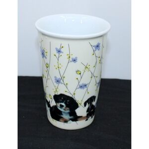 Little Gifts Puppy Dog Floral Ceramic Tumbler Travel Mug White Blue Yellow 6in